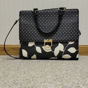 Talbots Elegant Black and White Polka Dot and Leaf Pattern Women's Bag NWOT